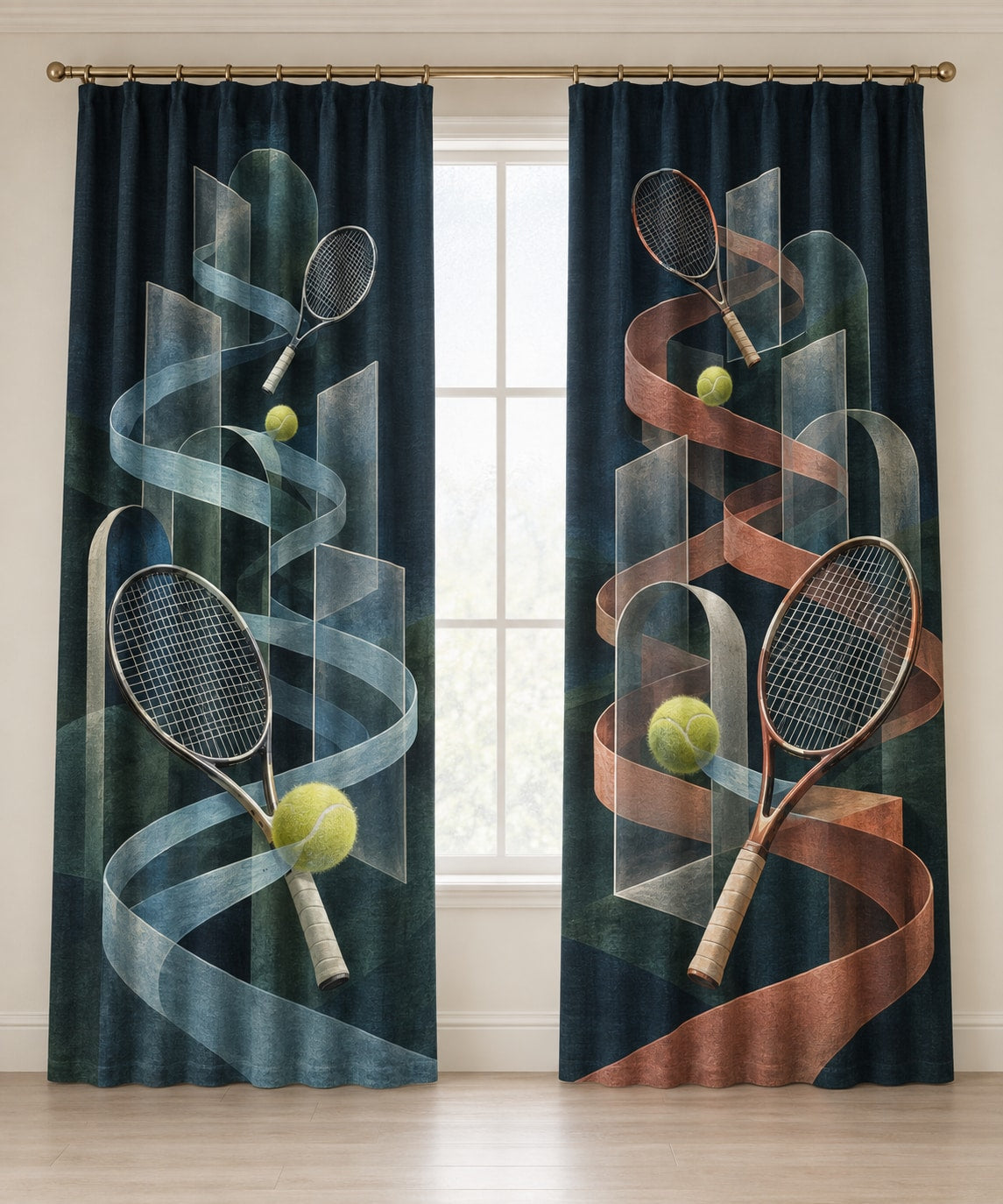 Doubles Rally Labyrinth Window Curtain Pair with dimensional printed themed artwork; representative AI-generated mockup.