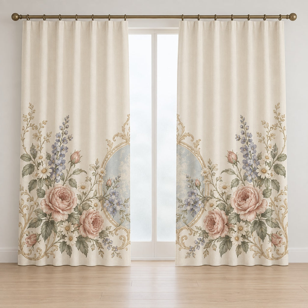 Vintage Garden Cameo Window Curtain Pair with dimensional printed themed artwork; representative AI-generated mockup.