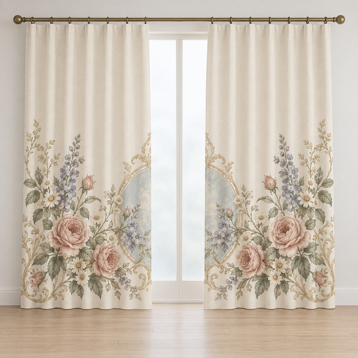 Vintage Garden Cameo Window Curtain Pair with dimensional printed themed artwork; representative AI-generated mockup.