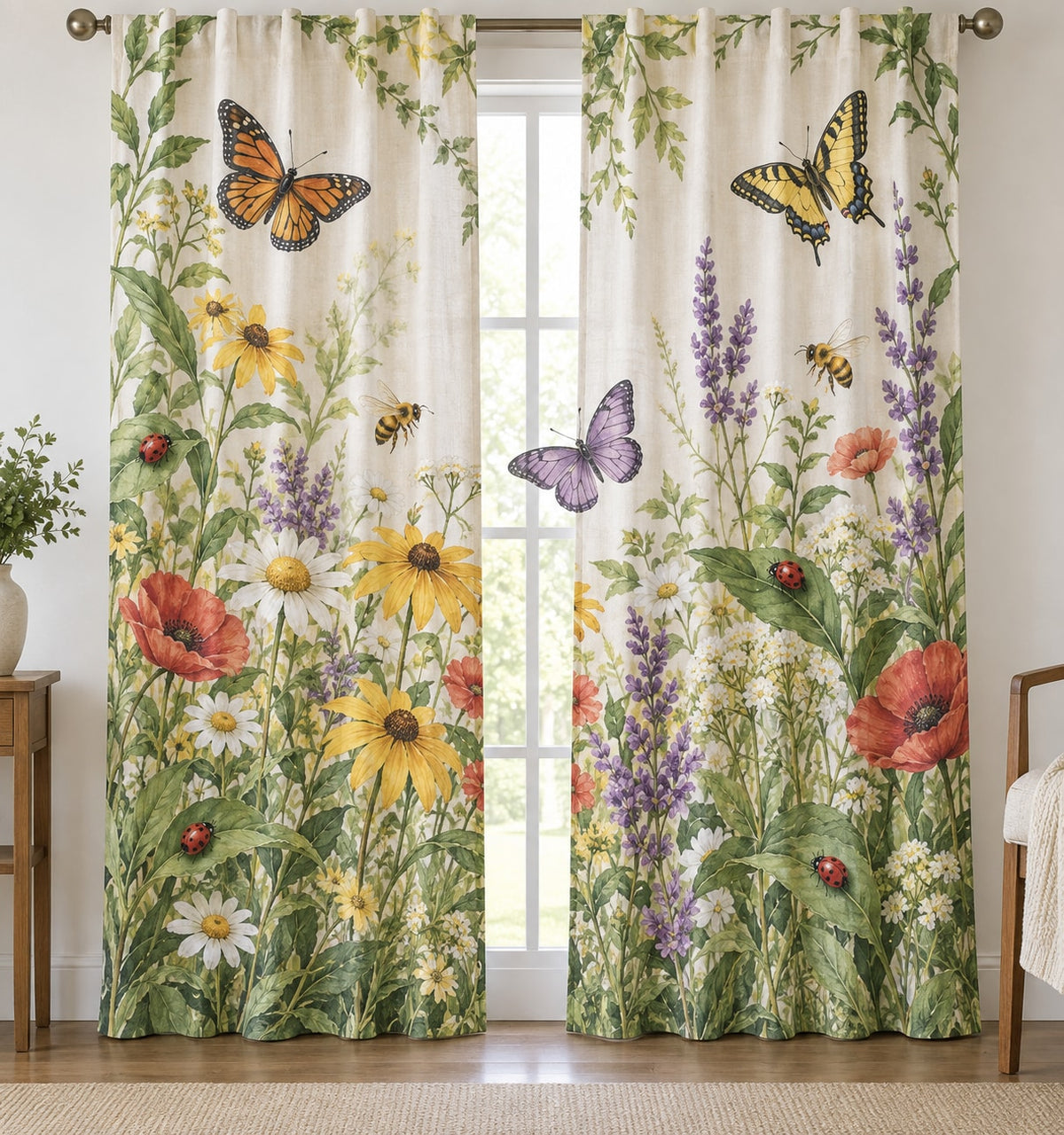 Garden Insect Counting Window Curtain Pair with dimensional printed themed artwork; representative AI-generated mockup.