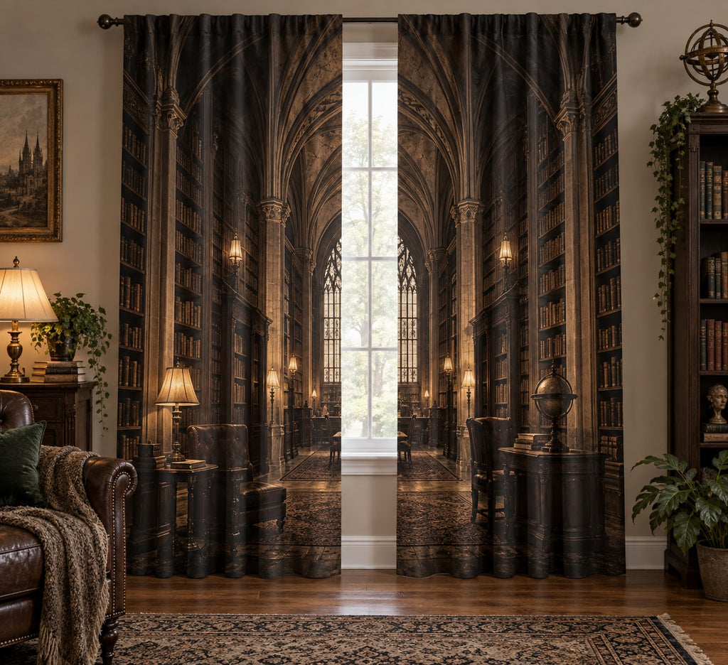 Dark Academia Library Window Curtain Pair with dimensional printed themed artwork; representative AI-generated mockup.