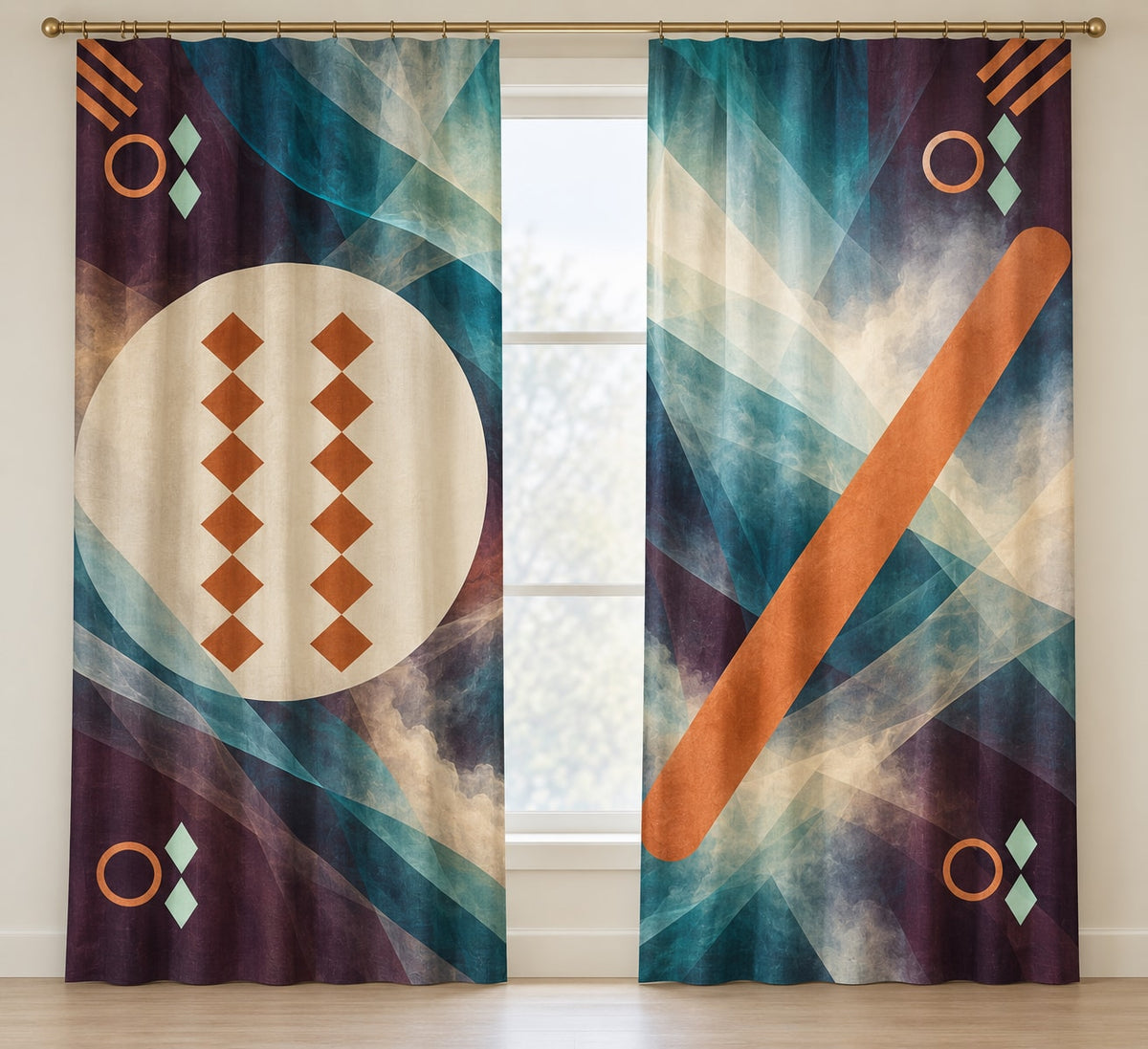 Diamond Dusk Rally Window Curtain Pair with dimensional printed themed artwork; representative AI-generated mockup.