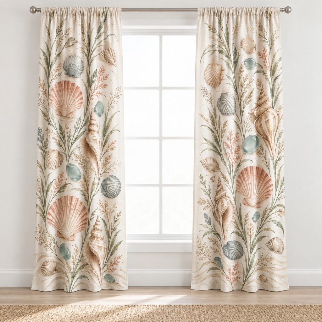 Seashell Study Window Curtain Pair with dimensional printed themed artwork; representative AI-generated mockup.