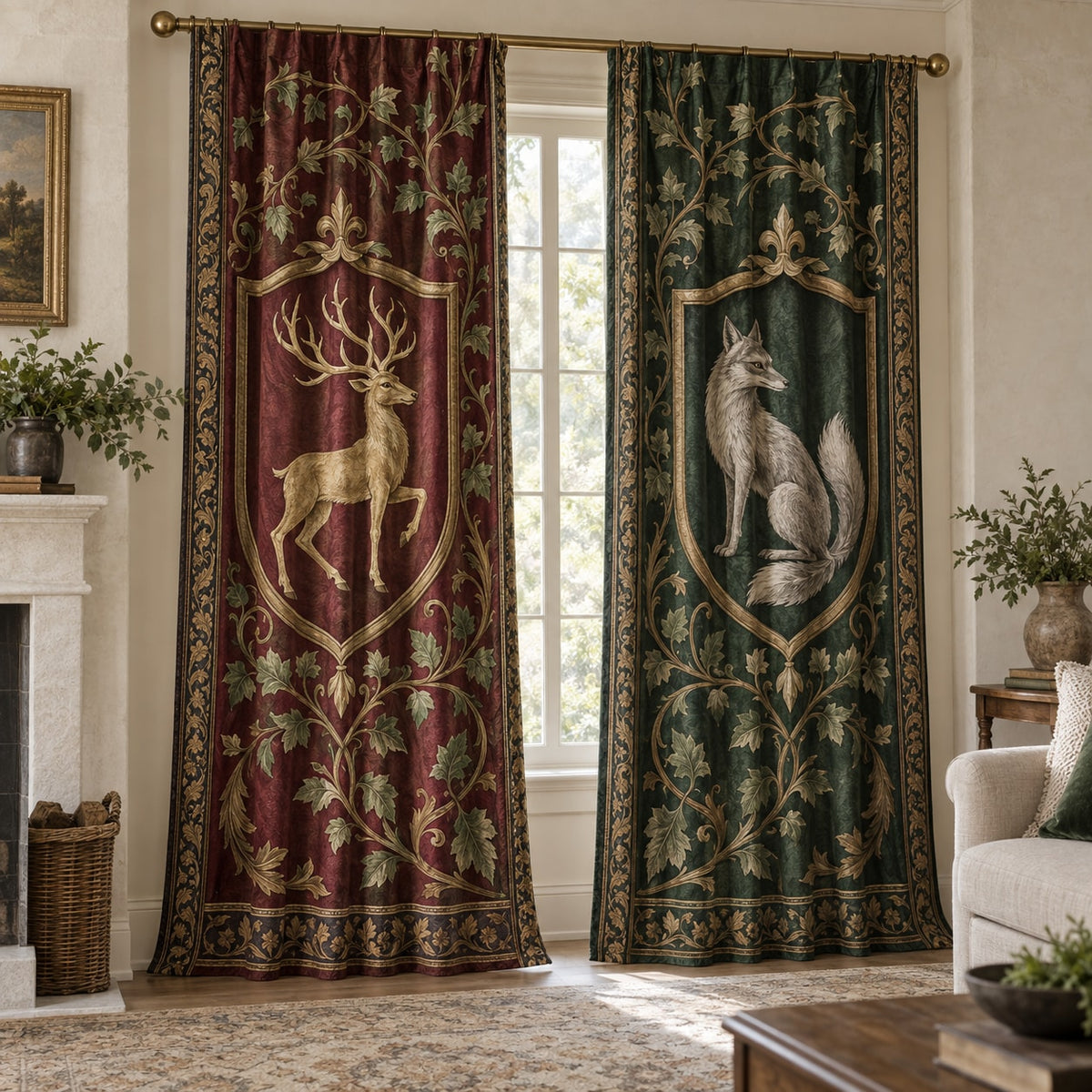 Medieval Heraldic Animals Window Curtain Pair with dimensional printed themed artwork; representative AI-generated mockup.