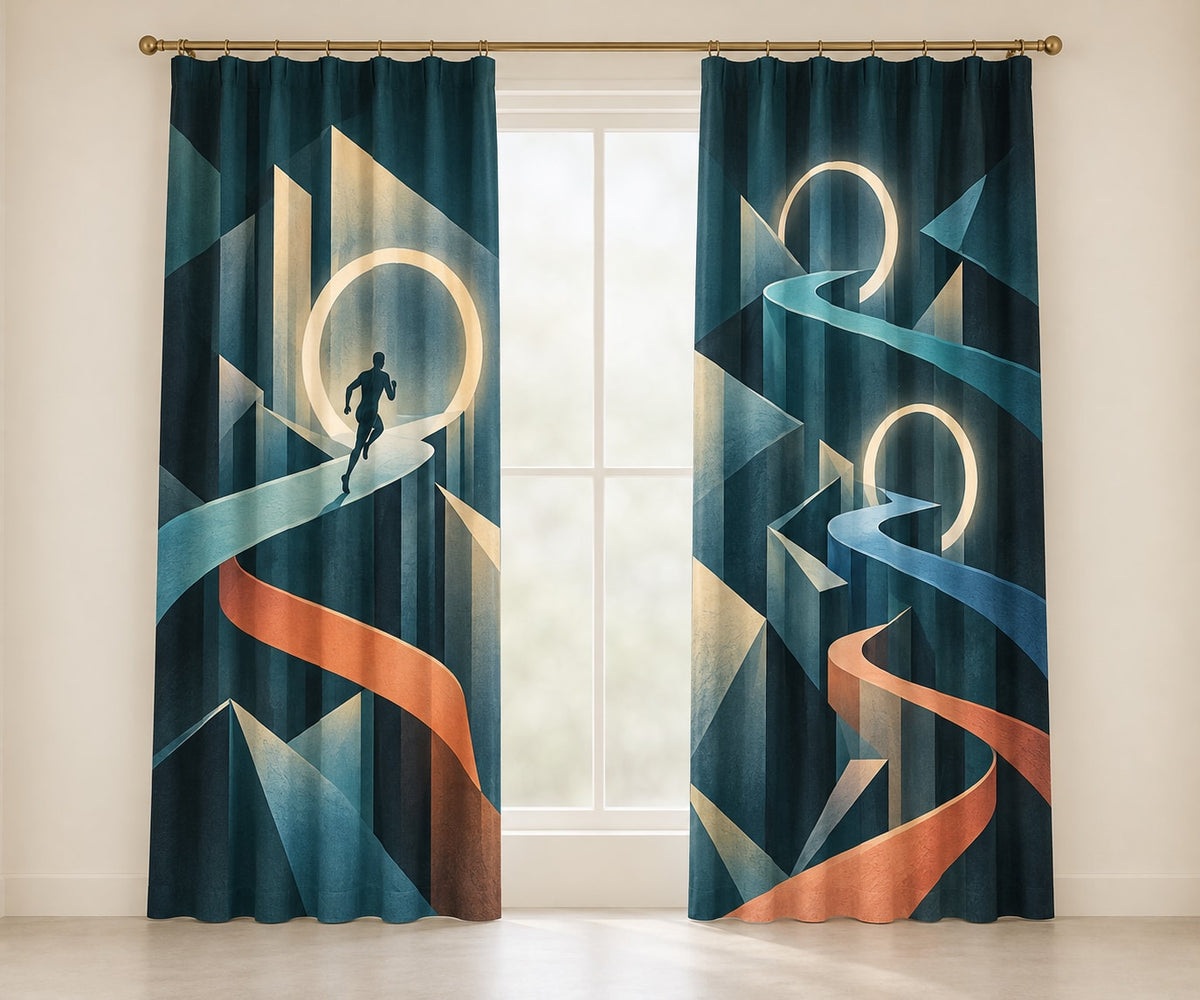 Ridgepulse Strata Passage Window Curtain Pair with dimensional printed themed artwork; representative AI-generated mockup.