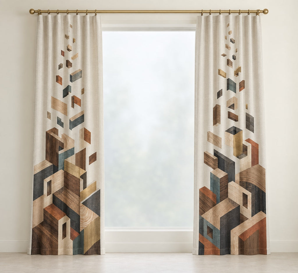 Joinery Strata Cascade Window Curtain Pair with dimensional printed themed artwork; representative AI-generated mockup.