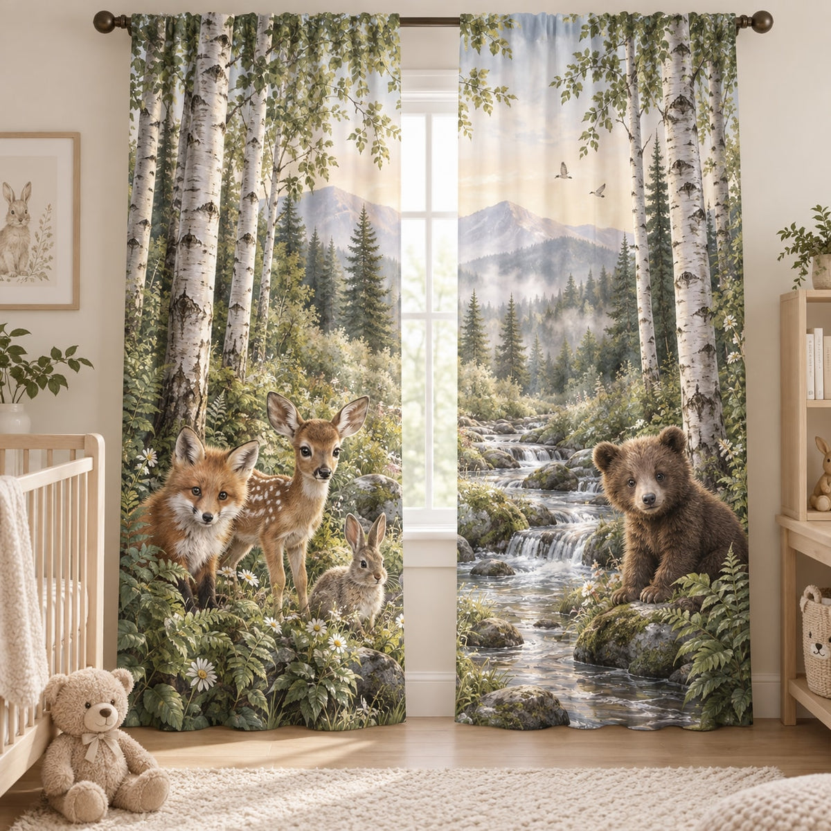 Woodland Animal Friends Window Curtain Pair with dimensional printed themed artwork; representative AI-generated mockup.