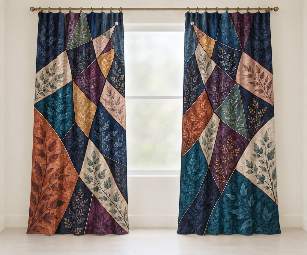 Prismatic Quiltwork Cascade Window Curtain Pair with dimensional printed themed artwork; representative AI-generated mockup.