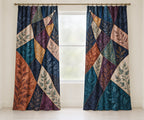 Prismatic Quiltwork Cascade Window Curtain Pair with dimensional printed themed artwork; representative AI-generated mockup.