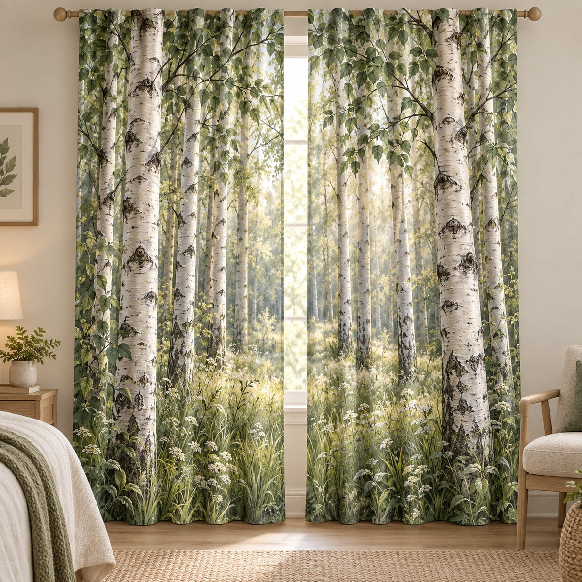Birch Grove Window Curtain Pair with dimensional printed themed artwork; representative AI-generated mockup.