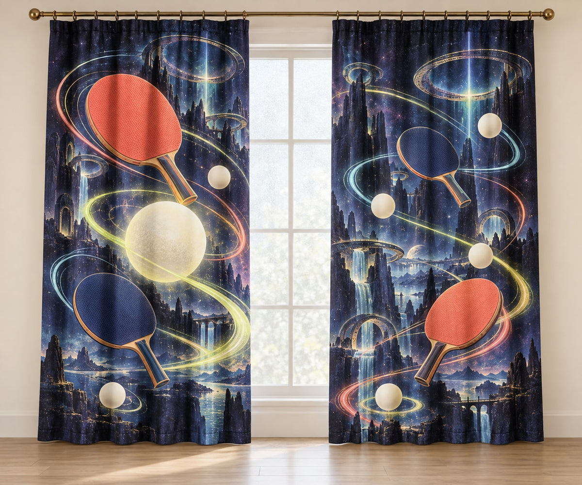 Spinvector Rally Observatory Window Curtain Pair with dimensional printed themed artwork; representative AI-generated mockup.