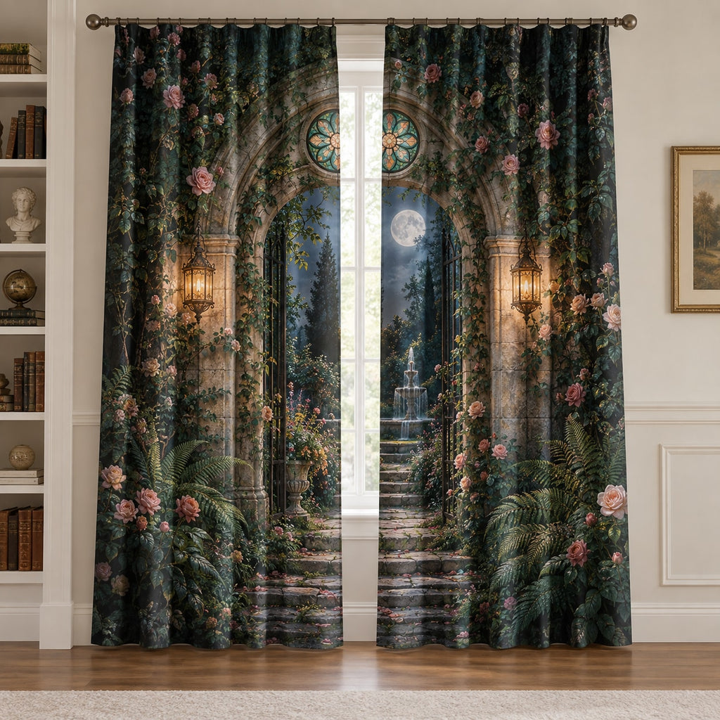 Secret Garden Library Window Curtain Pair with dimensional printed themed artwork; representative AI-generated mockup.