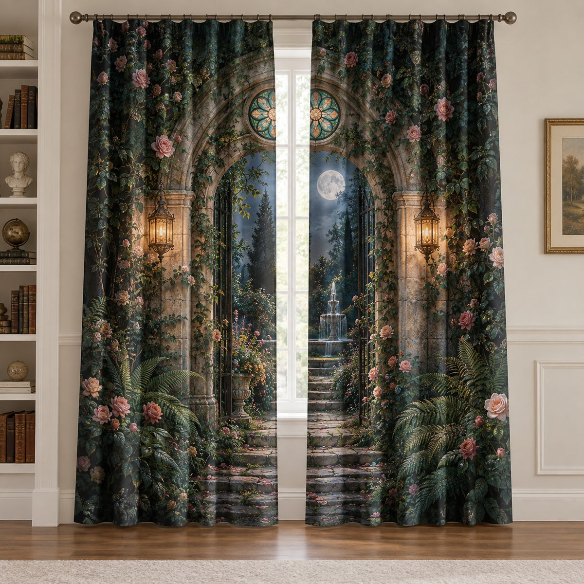 Secret Garden Library Window Curtain Pair with dimensional printed themed artwork; representative AI-generated mockup.