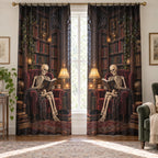 Skeleton Reading Nook Window Curtain Pair with dimensional printed themed artwork; representative AI-generated mockup.