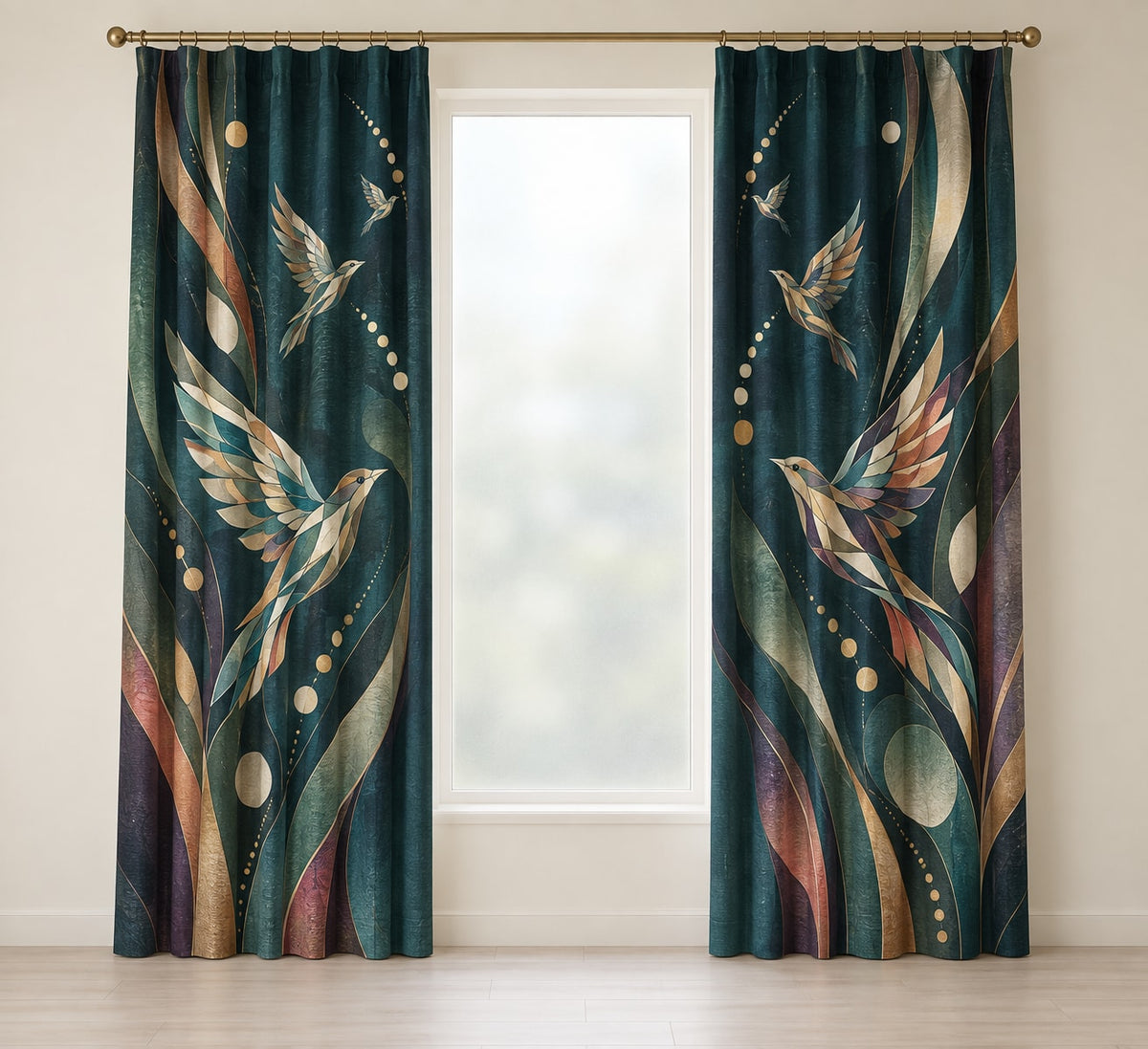 Dawn Chorus Observatory Window Curtain Pair with dimensional printed themed artwork; representative AI-generated mockup.