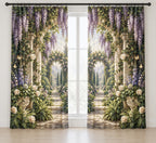 Retirement Garden Portal Window Curtain Pair with dimensional printed themed artwork; representative AI-generated mockup.