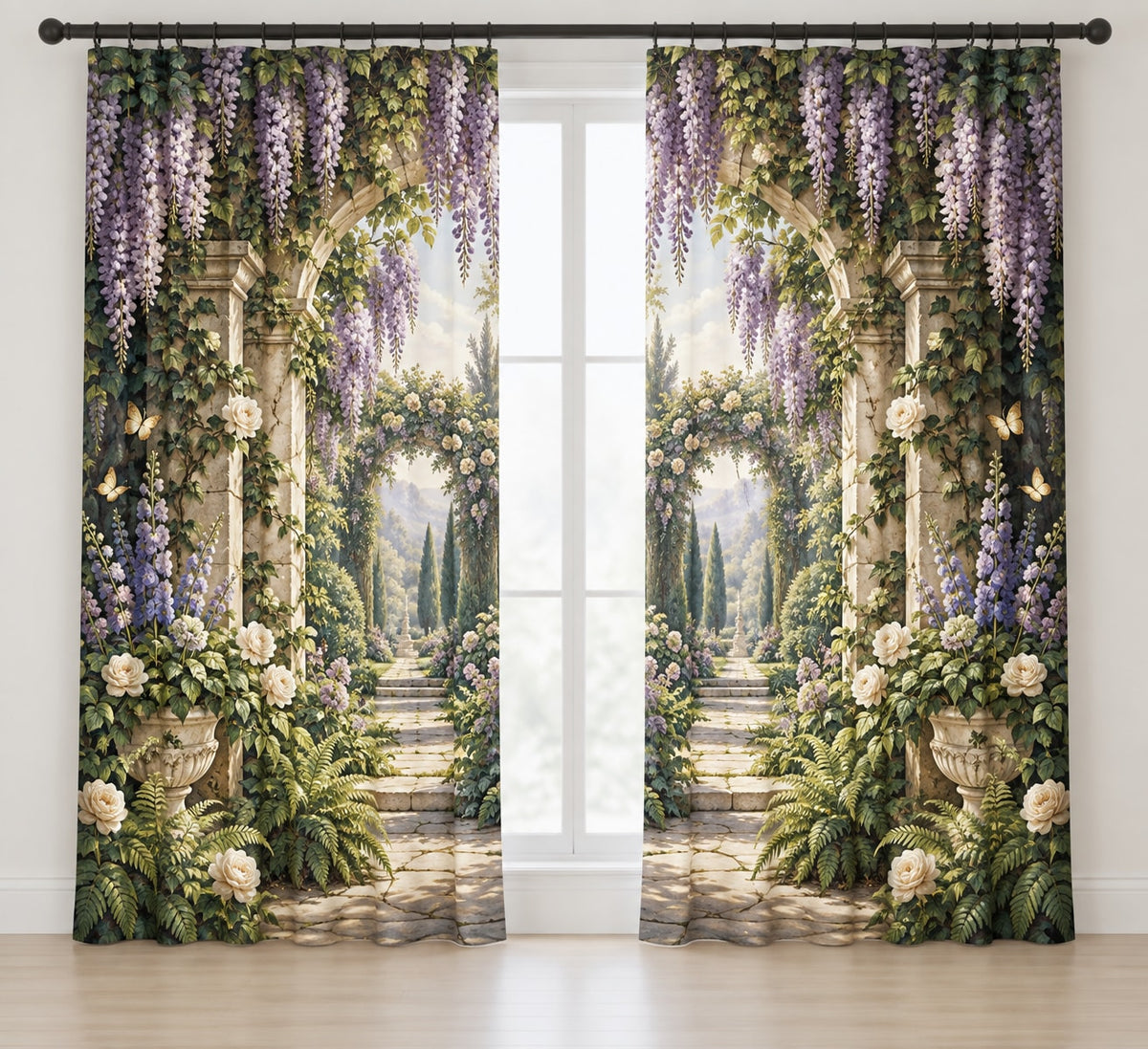 Retirement Garden Portal Window Curtain Pair with dimensional printed themed artwork; representative AI-generated mockup.