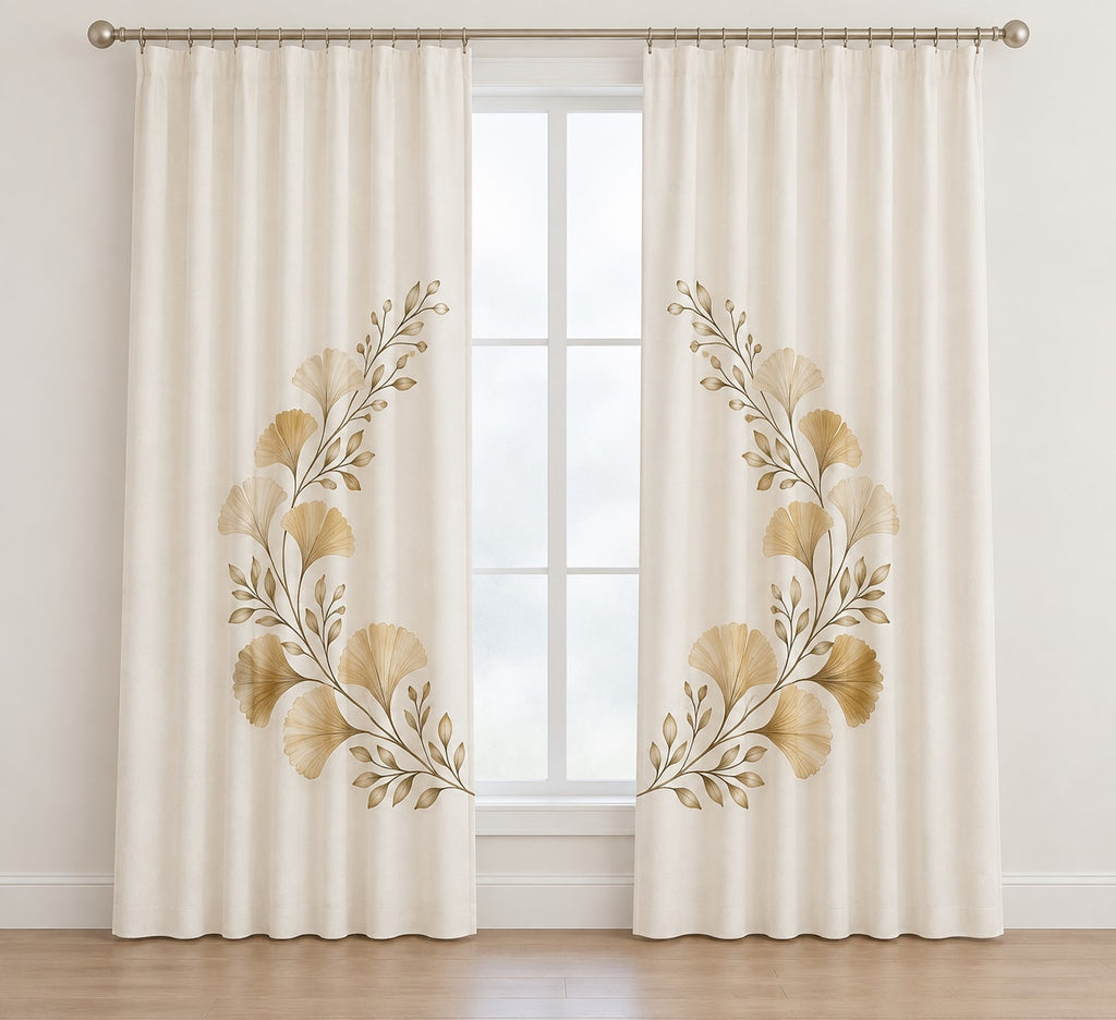 Golden Anniversary Ginkgo Halo Window Curtain Pair with dimensional printed themed artwork; representative AI-generated mockup.
