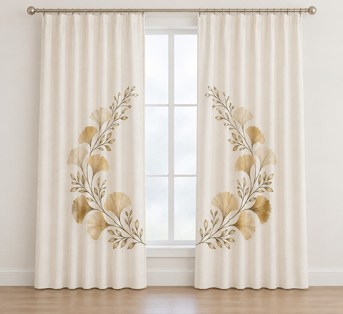 Golden Anniversary Ginkgo Halo Window Curtain Pair with dimensional printed themed artwork; representative AI-generated mockup.