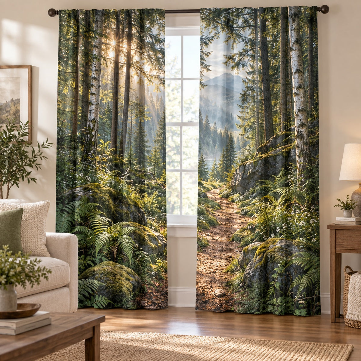 Forest Path Window Curtain Pair with dimensional printed themed artwork; representative AI-generated mockup.