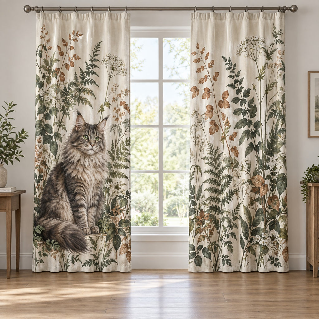 Maine Coon Cat Companion Window Curtain Pair with dimensional printed themed artwork; representative AI-generated mockup.