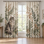 Maine Coon Cat Companion Window Curtain Pair with dimensional printed themed artwork; representative AI-generated mockup.