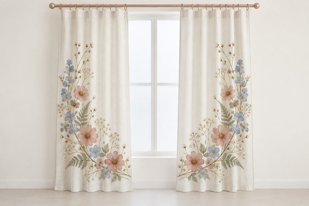Pressed Flower Wedding Wreath Window Curtain Pair with dimensional printed themed artwork; representative AI-generated mockup.