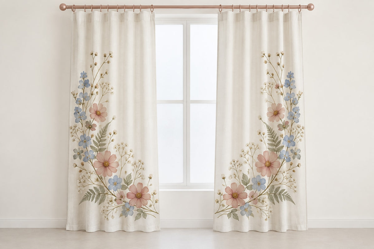 Pressed Flower Wedding Wreath Window Curtain Pair with dimensional printed themed artwork; representative AI-generated mockup.