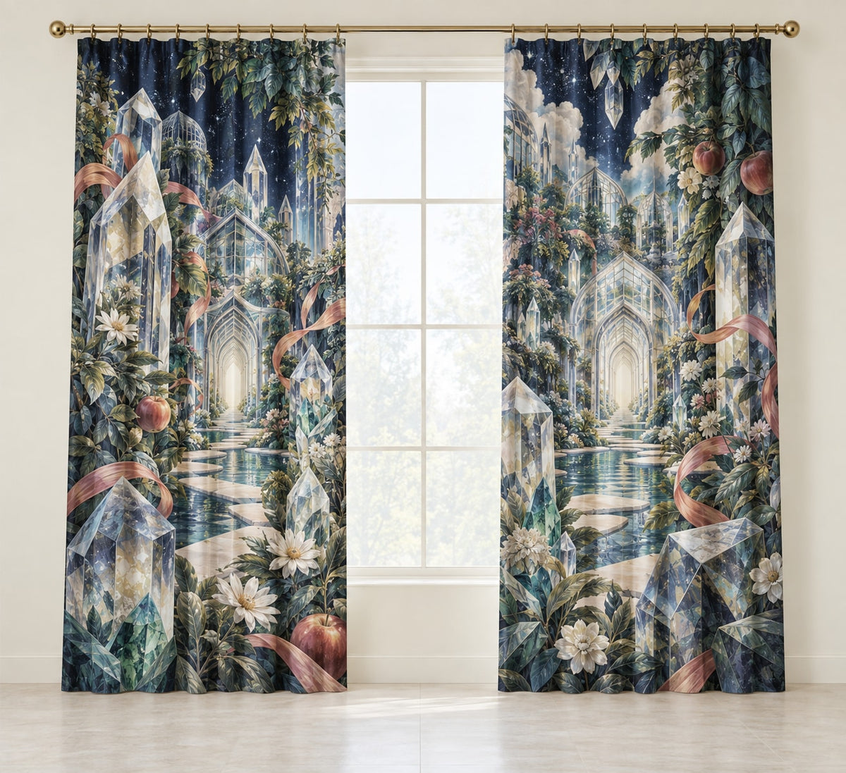 Prismatic Discovery Conservatory Window Curtain Pair with dimensional printed themed artwork; representative AI-generated mockup.