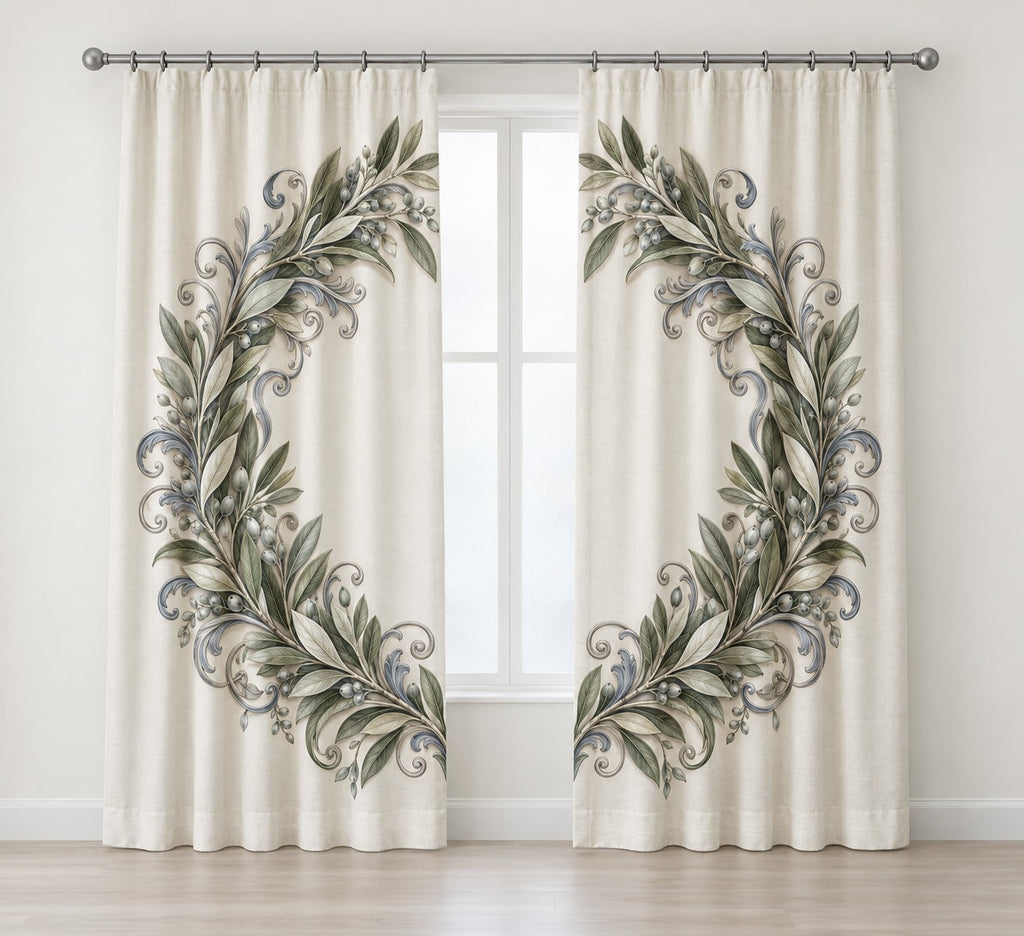 Silver Anniversary Olive Halo Window Curtain Pair with dimensional printed themed artwork; representative AI-generated mockup.