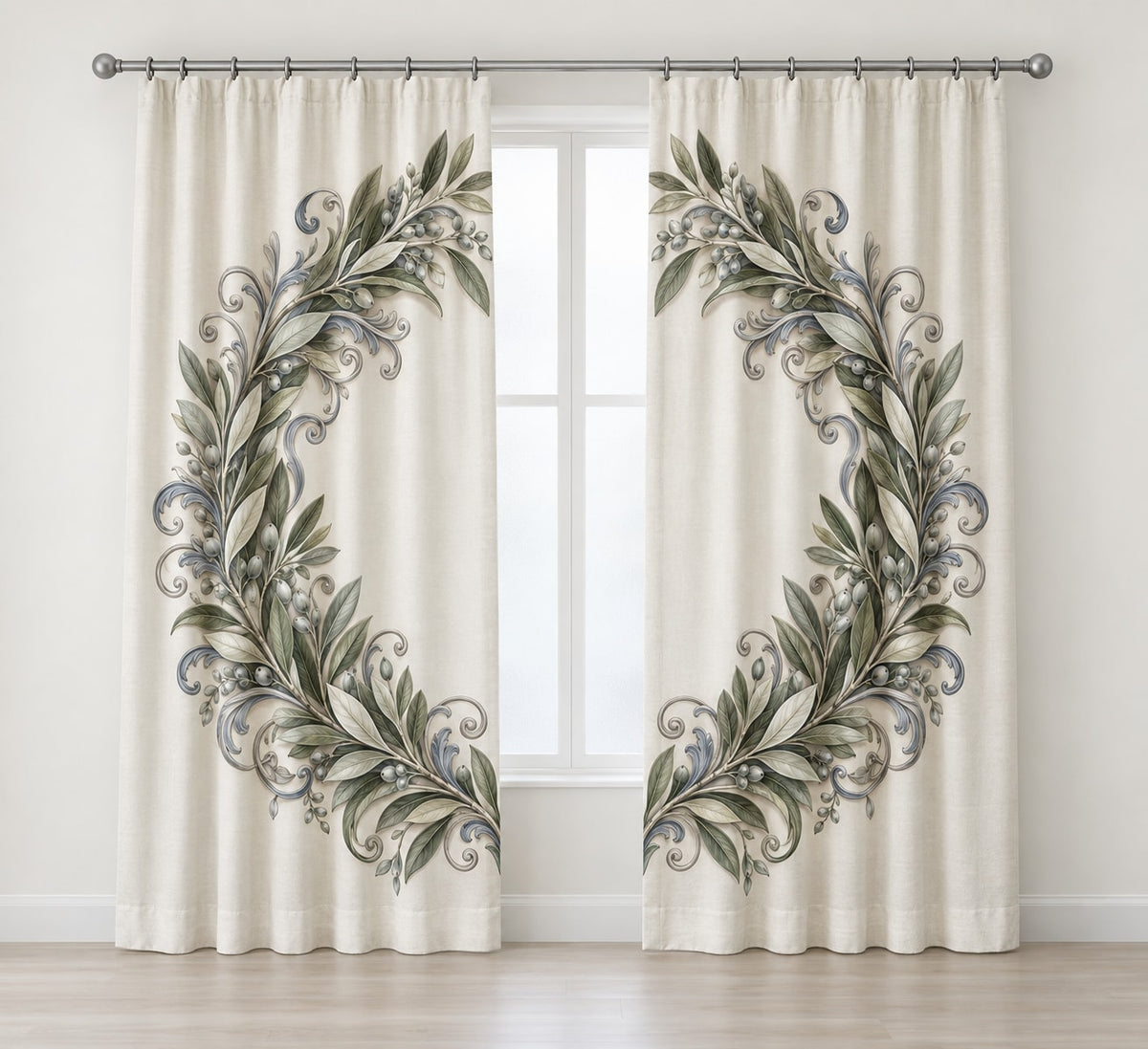 Silver Anniversary Olive Halo Window Curtain Pair with dimensional printed themed artwork; representative AI-generated mockup.
