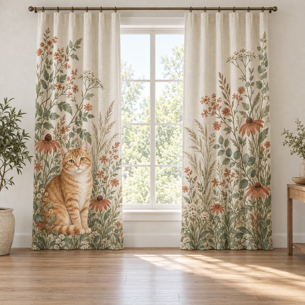 Orange Tabby Cat Companion Window Curtain Pair with dimensional printed themed artwork; representative AI-generated mockup.