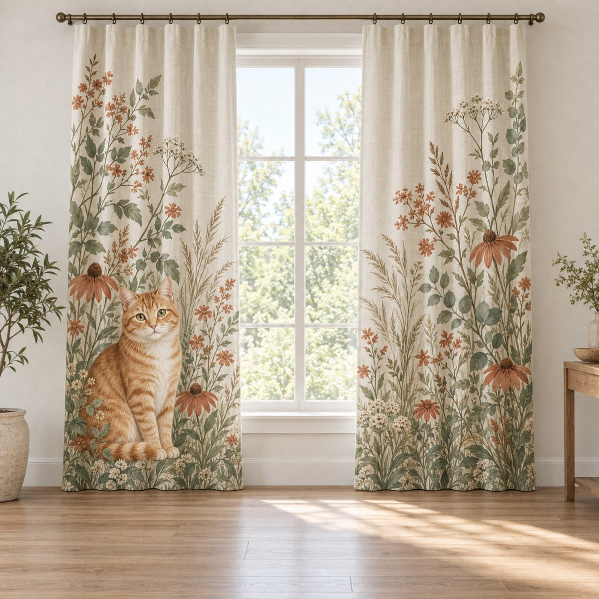 Orange Tabby Cat Companion Window Curtain Pair with dimensional printed themed artwork; representative AI-generated mockup.