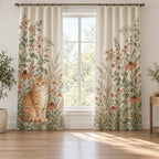 Orange Tabby Cat Companion Window Curtain Pair with dimensional printed themed artwork; representative AI-generated mockup.