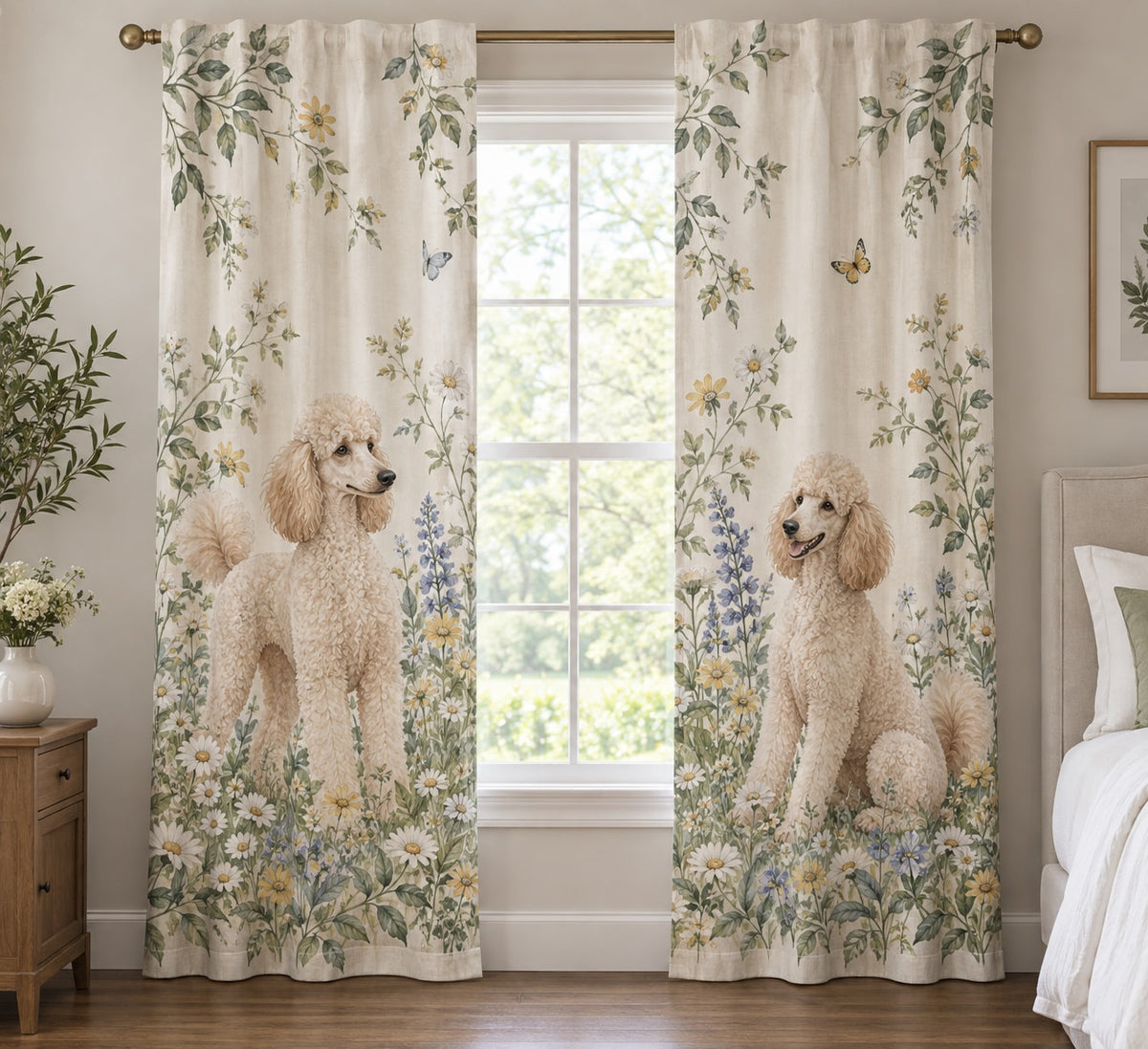 Poodle Window Curtain Pair with dimensional printed themed artwork; representative AI-generated mockup.