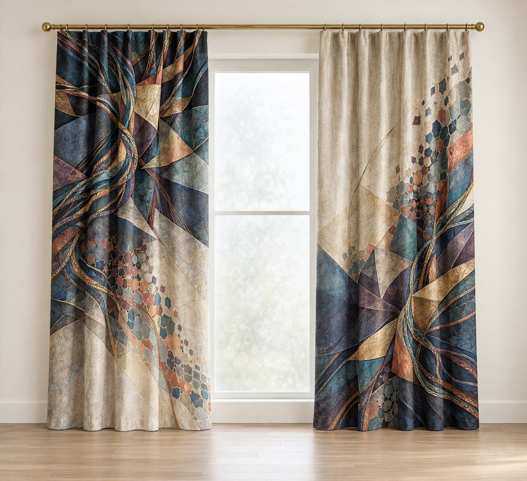 Strategy Mosaic Relay Window Curtain Pair with dimensional printed themed artwork; representative AI-generated mockup.