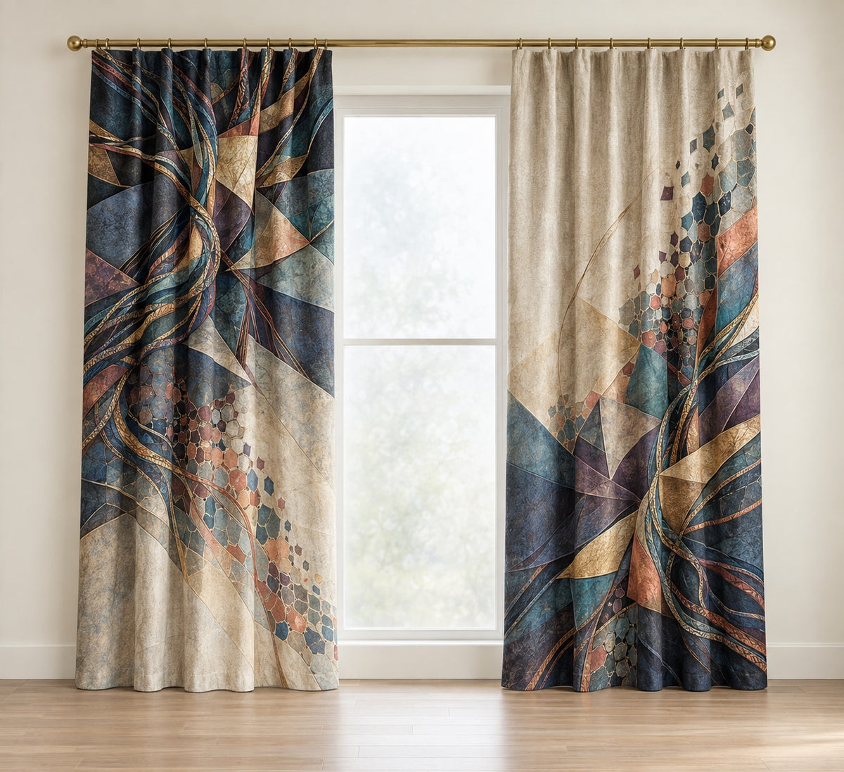Strategy Mosaic Relay Window Curtain Pair with dimensional printed themed artwork; representative AI-generated mockup.