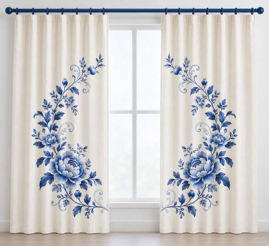 Blue Porcelain Wedding Wreath Window Curtain Pair with dimensional printed themed artwork; representative AI-generated mockup.