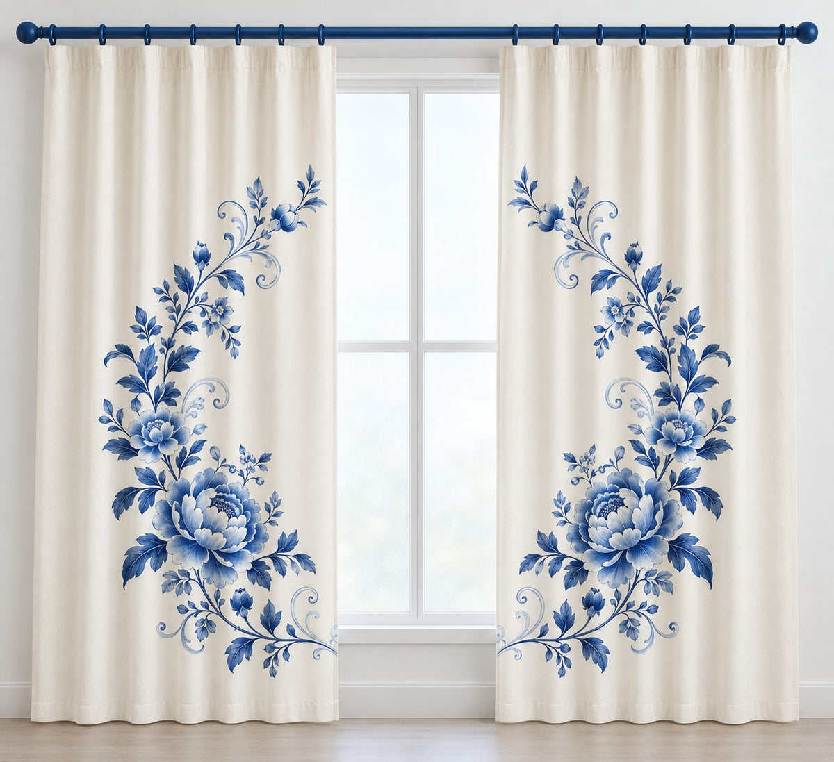 Blue Porcelain Wedding Wreath Window Curtain Pair with dimensional printed themed artwork; representative AI-generated mockup.