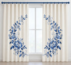 Blue Porcelain Wedding Wreath Window Curtain Pair with dimensional printed themed artwork; representative AI-generated mockup.