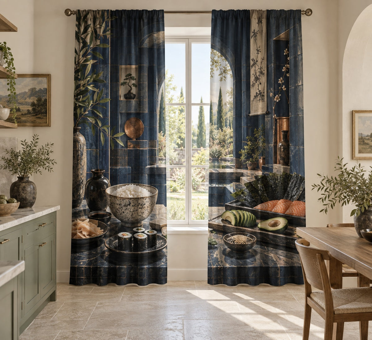 Sushi Ingredient Study Window Curtain Pair with dimensional printed themed artwork; representative AI-generated mockup.