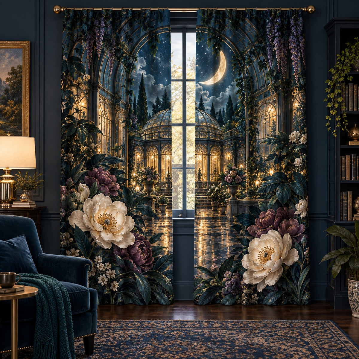 Celestial Botanical Garden Window Curtain Pair with dimensional printed themed artwork; representative AI-generated mockup.