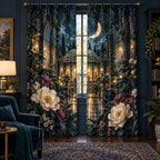 Celestial Botanical Garden Window Curtain Pair with dimensional printed themed artwork; representative AI-generated mockup.