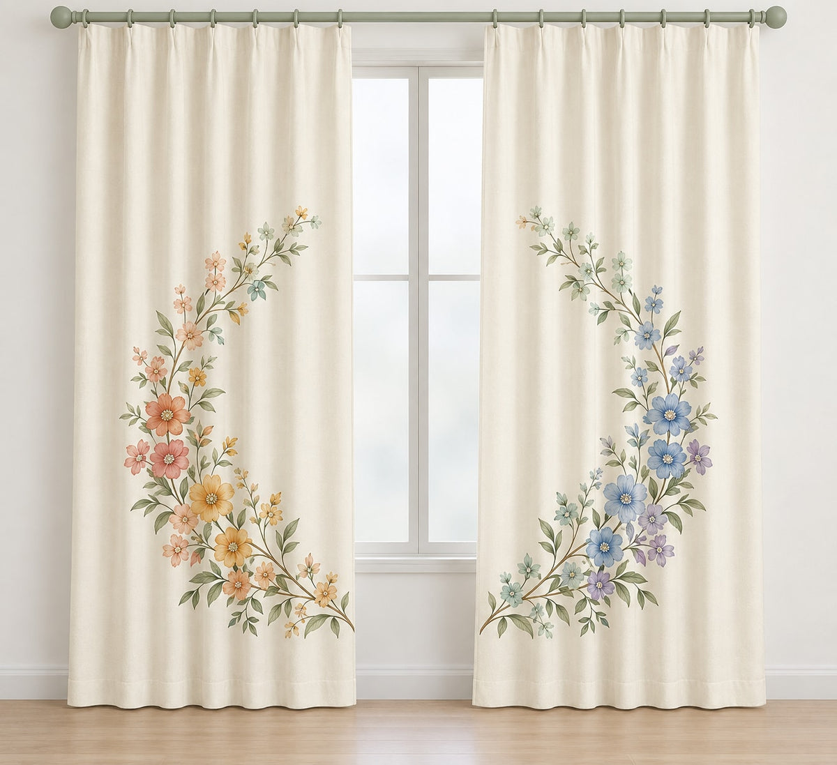 Rainbow Garden Celebration Wreath Window Curtain Pair with dimensional printed themed artwork; representative AI-generated mockup.