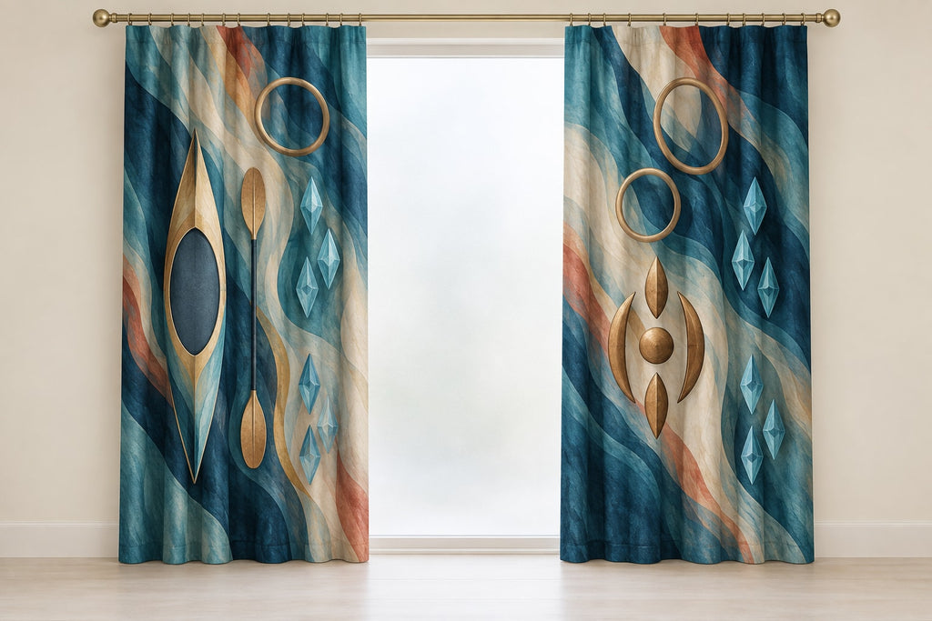Riverglass Paddle Confluence Window Curtain Pair with dimensional printed themed artwork; representative AI-generated mockup.