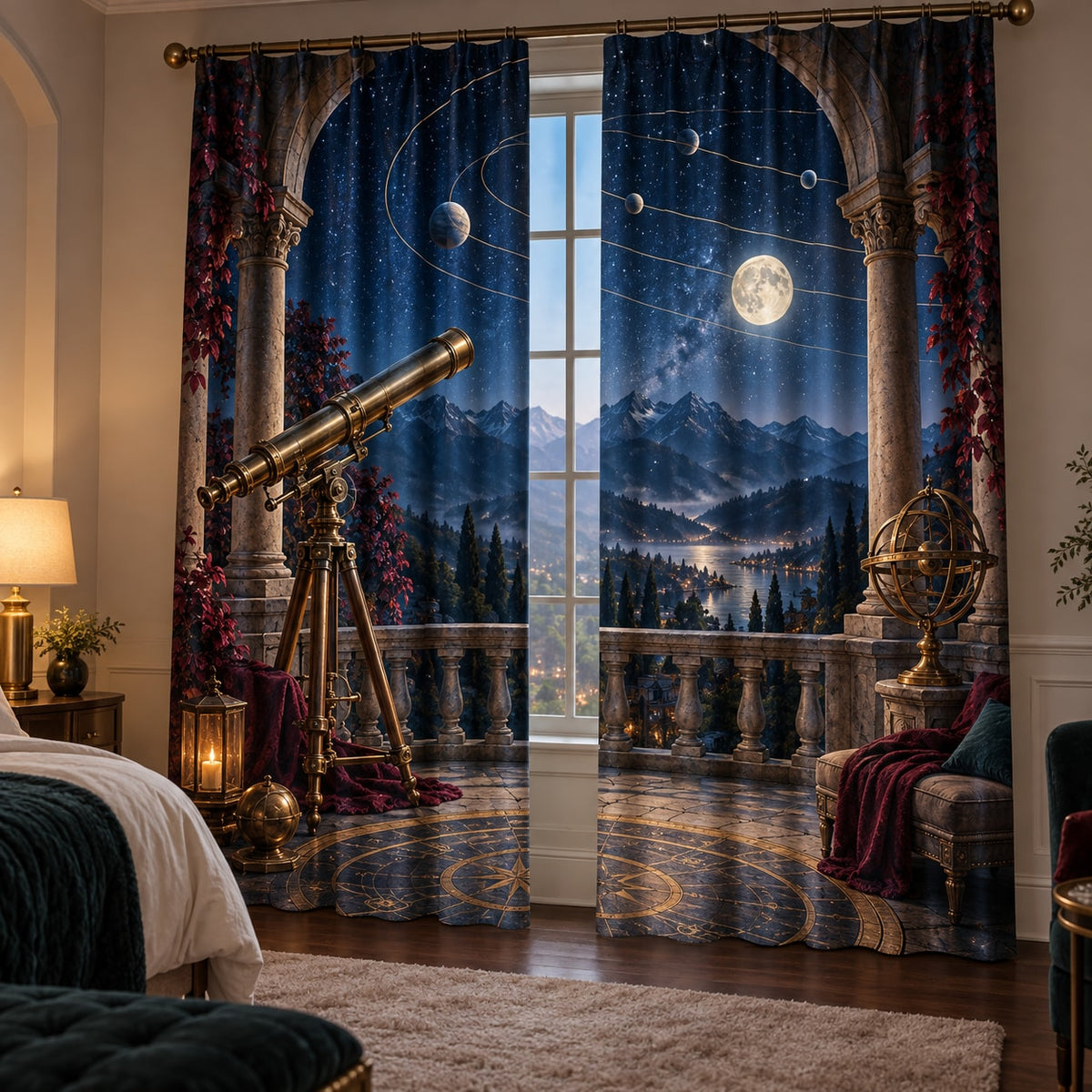 Astronomical Instruments Window Curtain Pair with dimensional printed themed artwork; representative AI-generated mockup.