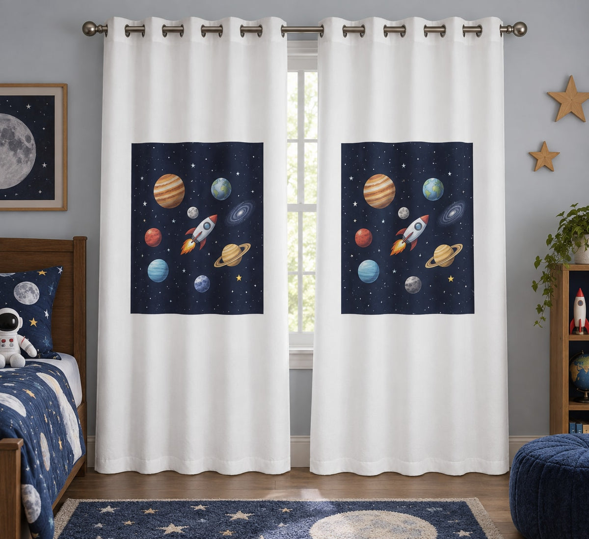Space Explorer Planets Window Curtain Pair with dimensional printed themed artwork; representative AI-generated mockup.