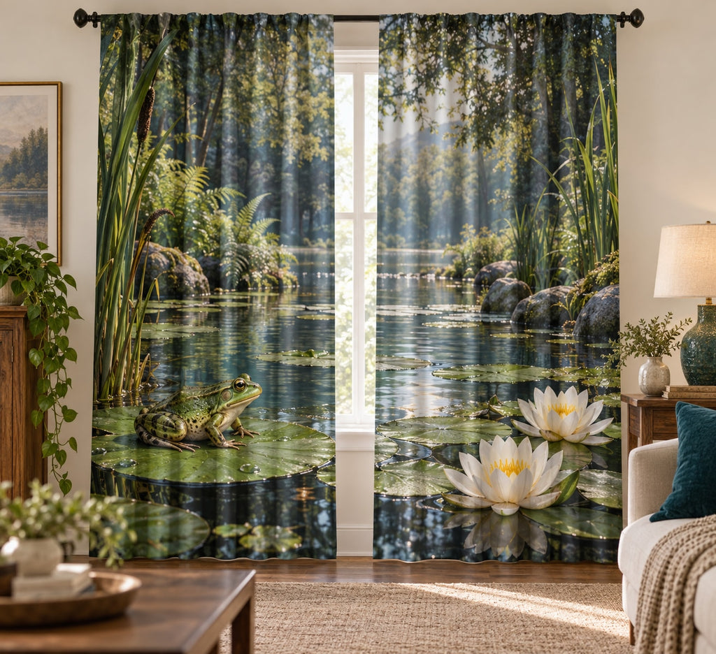 Frog Pond Window Curtain Pair with dimensional printed themed artwork; representative AI-generated mockup.