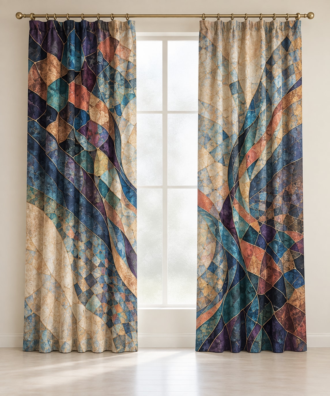 Prismatic Jigsaw Current Window Curtain Pair with dimensional printed themed artwork; representative AI-generated mockup.