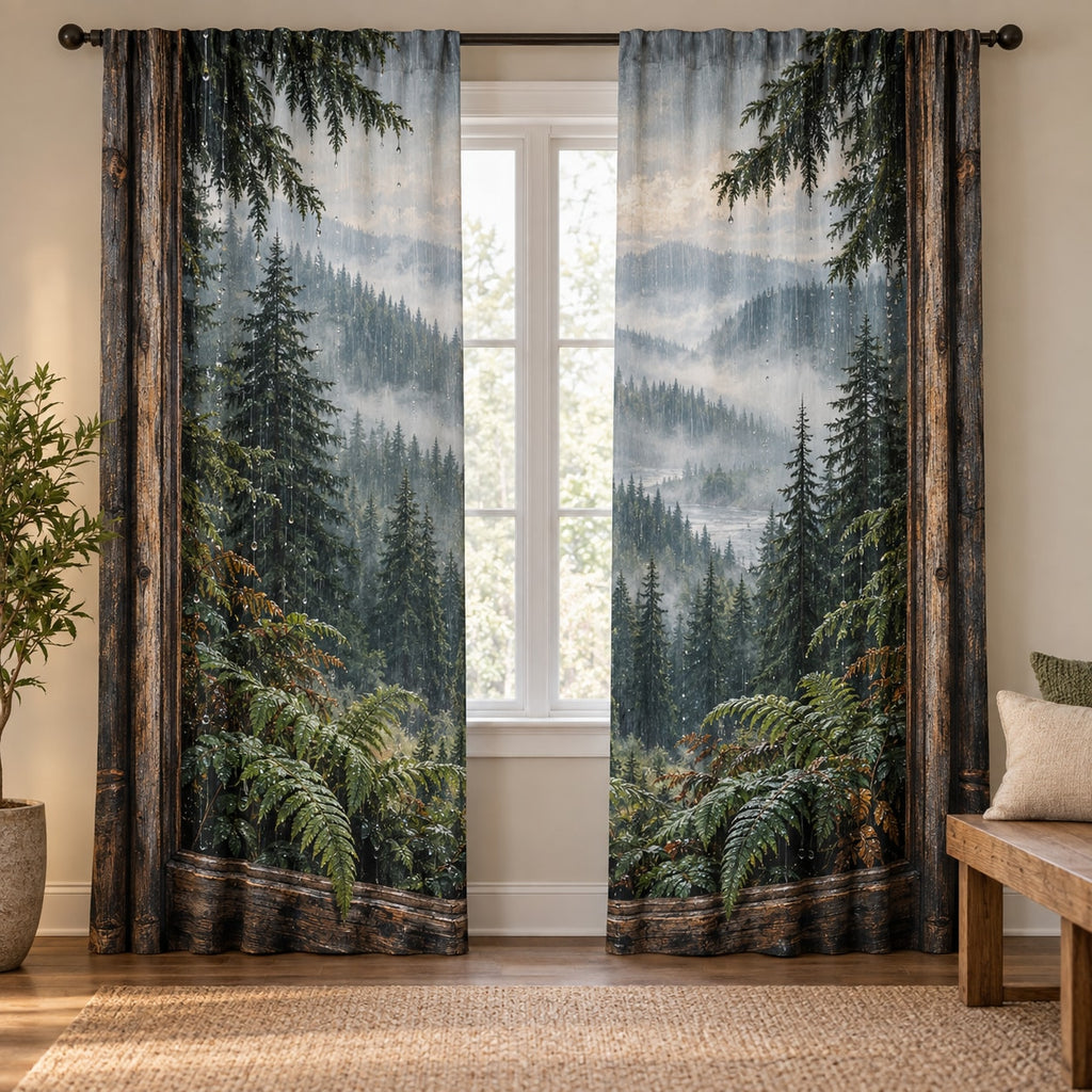 Rainy Forest Window Window Curtain Pair with dimensional printed themed artwork; representative AI-generated mockup.